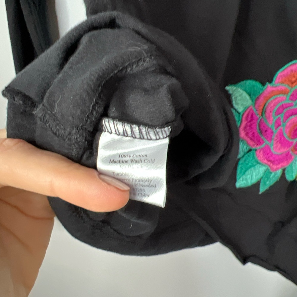 Johnny Was Black Long Sleeve Tee with Pink & Green Floral Embroidery - Picture 2 of 5